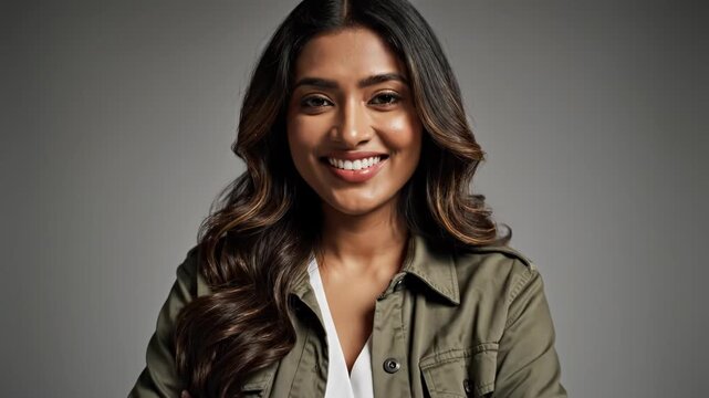 Smiling young woman with long hair wearing green jacket and white shirt on gray background