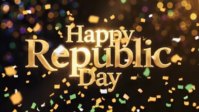 Happy Republic Day Typography with Golden Outline Strokes and Tricolor Confetti Bokeh