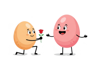 Cute cartoon egg character kneeling and offering a single red rose to another happy pink egg character, isolated on transparent background