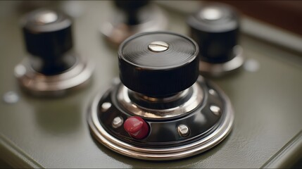 Close up of a vintage control panel featuring black knobs a red button and chrome accents on a green surface