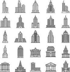 Collection of 20 diverse city skyscraper and building illustrations