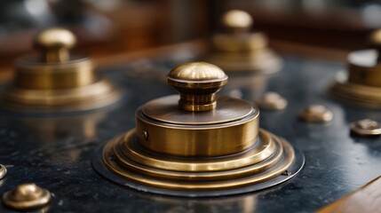 Close up of an antique brass control panel with ornate knobs and polished metallic dials
