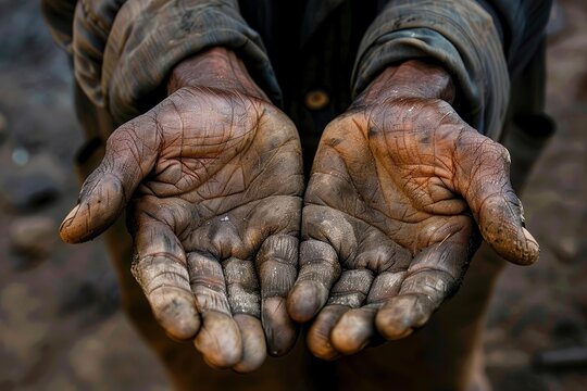 Close up of dirty hands of a worker, highlighting the hardship of manual labor
