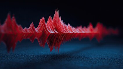 Red abstract sound wave graphic on textured dark blue background