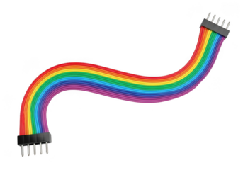 Rainbow colored ribbon cable with female connectors, flexible electronic wire jumper for prototyping, isolated on transparent background