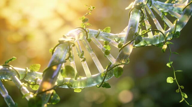 Eco-friendly DNA helix with green leaves and vines 3D animation for biotechnology