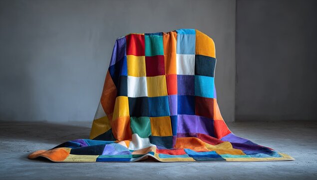 A colorful patchwork blanket draped over a pedestal against a grey wall