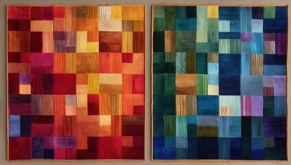 Two framed textile art pieces with geometric patterns in warm and cool colors