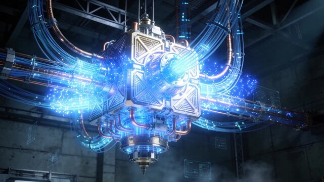 3D animation of a quantum computer core with glowing subatomic particles in a dark lab