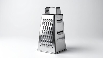 Shiny Stainless Steel Box Grater on White Background.