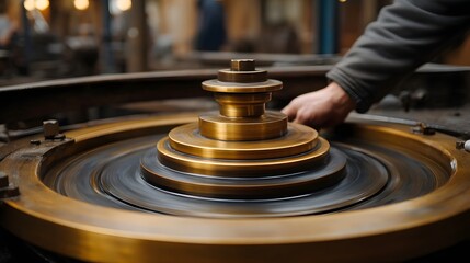 Obraz premium Close up of a spinning brass industrial hine with a hand operating its mechanism