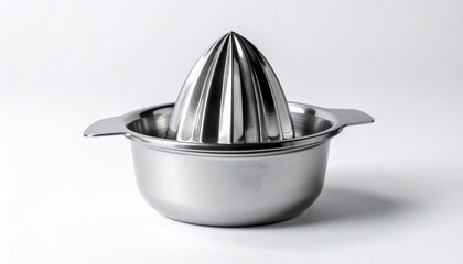 Shiny Stainless Steel Citrus Juicer on White Background.
