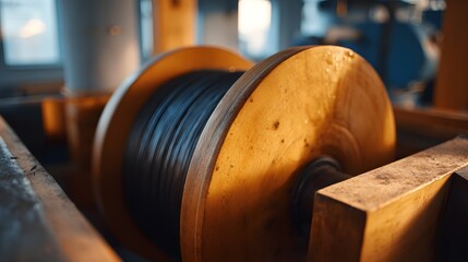 Close up of an industrial wooden reel wound with dark cable in warm workshop lighting