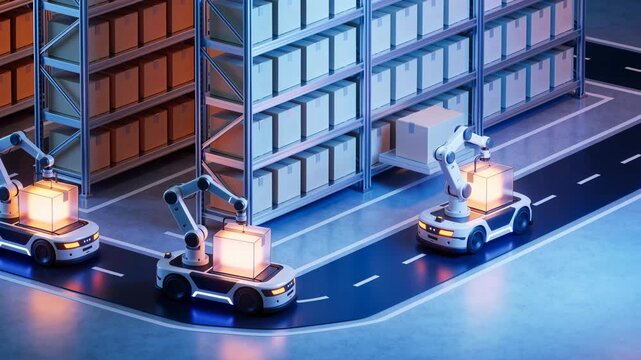 Isometric 3D animation of an automated warehouse with robotic AGVs moving goods