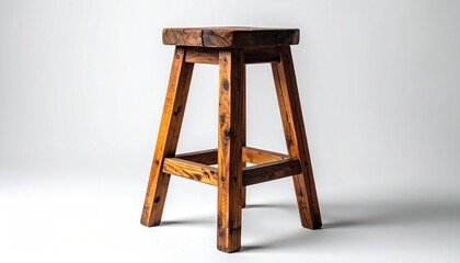 Rustic Wooden Stool Against a White Background in Studio Lighting.