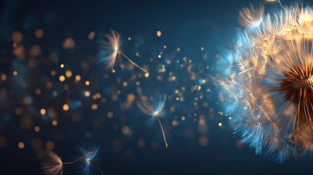 Digital artwork of a dandelion with floating seeds against a dark background