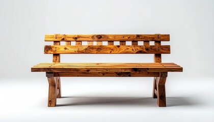 Rustic Wooden Bench with Backrest on White Background.