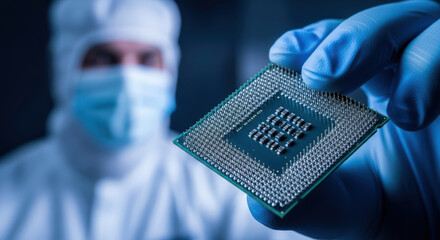 Precision Semiconductor Manufacturing A Close Up View of a Microchip Being Inspected in a Cleanroom Environment High Tech Industry and Advanced Technology Concept