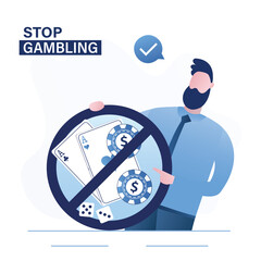 No Allowed Gamble sign. Male character holding label - casino prohibited. Ban Poker icon. Play cards, chips and dice in red forbidden pictogram. No gambling, stop circle symbol.