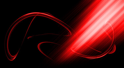 Abstract background featuring vibrant red curved light trails and powerful diagonal light beam against deep black backdrop Dynamic futuristic motion design with glowing neon effects