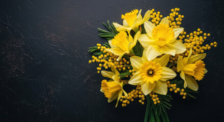 Radiant Daffodils and Mimosa Bouquet on Dark Backdrop A Springtime Floral Arrangement with Yellow Blooms and Delicate Greenery A Symbol of Renewal and Joyful Season