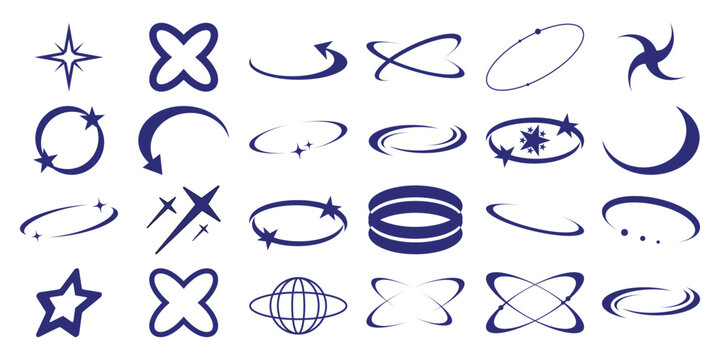 Collection of Abstract Blue Swirls, Stars, and Orbital Motion Icons