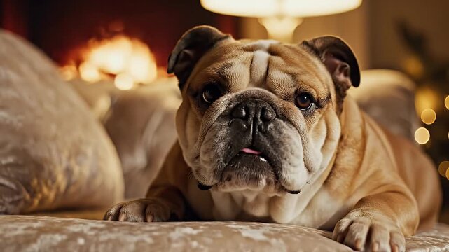 Friendly Bulldog Face Sitting on Sofa with Cozy Warm Ambience and Soft Bokeh Background