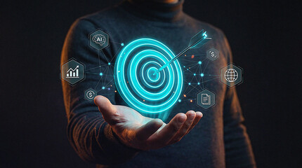 Holographic Target with Business Icons Floating Above a Hand, Representing Strategic Planning and Goal Achievement