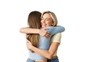 Two happy young women embracing each other warmly isolated on transparent background