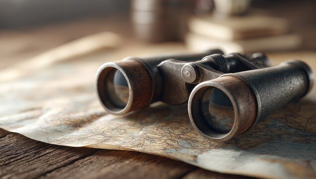 Vintage binoculars and old map suggest exploration and discovery