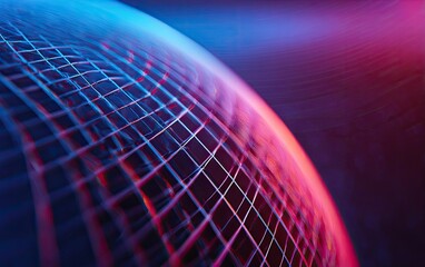 Abstract glowing sphere with grid lines under blue and red light