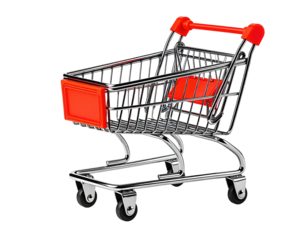 Miniature chrome and red shopping cart against a black background
