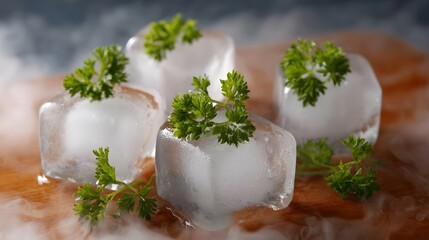Garnished Ice Cubes with Smoky Atmosphere on Wooden Surface