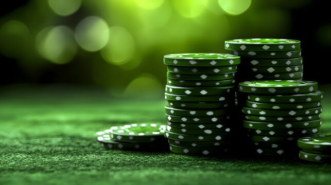 Stacked green poker chips on a table with blurred background during a night game session