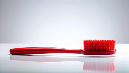 Red toothbrush on white surface for dental hygiene.