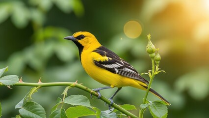 Naklejka premium Beautiful Yellow and Black Oriole Perched on a Rose Branch with Buds