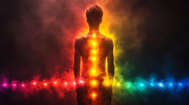 Man standing tall with chakra points glowing in different vibrant colors along the spine 