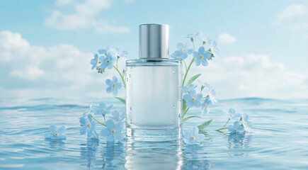 Perfume bottle with forget-me-not flowers floating on water