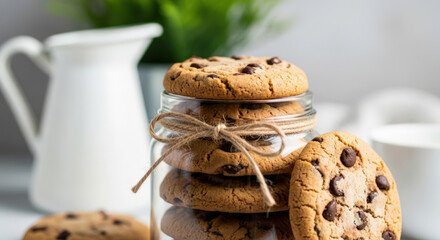 Stacked Chocolate Chip Cookies A Jar Full of Delicious Homemade Cookies Tied with Twine Next to a Pitcher of Milk on a Bright Kitchen Countertop