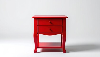 Red Nightstand with Two Drawers on White Background.