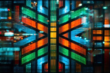 Geometric symmetry of colorful illuminated glass panels create a mesmerizing abstract pattern