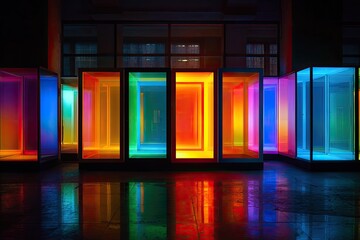 Luminous geometric structures with vibrant interior light create a captivating, modern display
