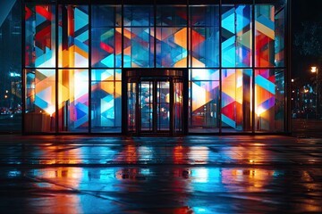 Illuminated abstract geometric patterns reflected on wet pavement at night