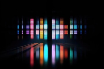Abstract digital equalizer with colorful lights reflecting on a dark, polished surface