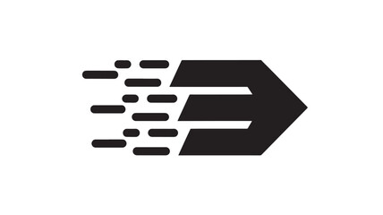 A striking black and white graphic depicts a stylized arrow with accompanying dots suggesting speed and forward motion visually dynamic