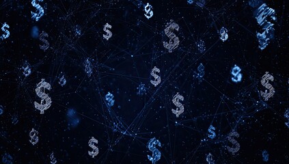 Digital network of glowing dollar signs against a dark, starry background