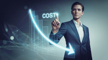 Businesswoman Touching Cost Reduction Graph with Digital Analytics Interface