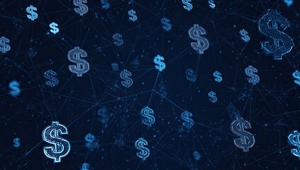 Abstract digital network with floating blue dollar signs against dark background