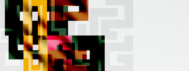 Abstract mosaic, vibrant colors blend. Geometric shapes create complex pattern, contrasting light, dark areas. Minimalist design.