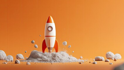 A cartoon rocket launches from a dusty, rocky surface against an orange backdrop